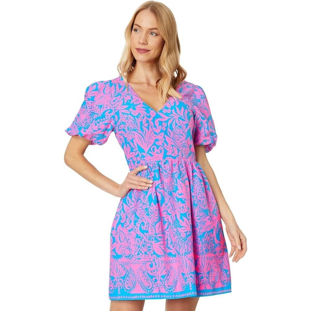 Lilly Pulitzer Suzie Pink Floral V-Neck Short Sleeve Mini Dress Womans Size 8